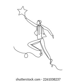 Continuous single one line drawing of businessman reaching star. Vector illustration concept of business reward, success, career goal.