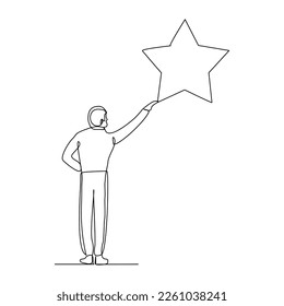 Un contínuo dibujo de una sola línea del hombre de negocios que llega a la estrella. Concepto de ilustración vectorial de recompensa empresarial, éxito, meta de carrera.