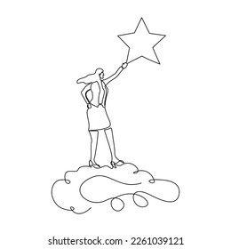 Continuous single one line drawing of business woman reaching star. Vector illustration concept of business reward, success, career goal.