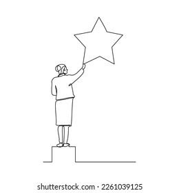 Continuous single one line drawing of business woman reaching star. Vector illustration concept of business reward, success, career goal.