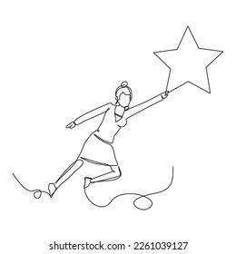 Continuous single one line drawing of business woman reaching star. Vector illustration concept of business reward, success, career goal.