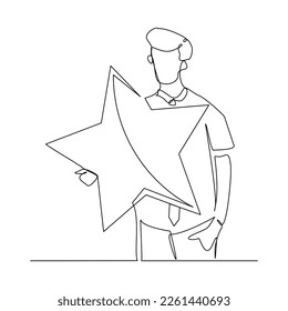 Continuous single one line drawing art of businessman holding star. Vector illustration concept of reward achievement, success, career goal, dream.