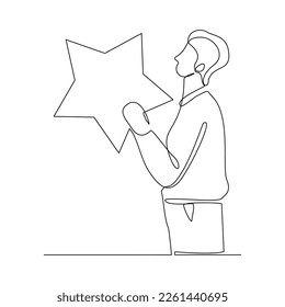 Continuous single one line drawing art of businessman holding star. Vector illustration concept of reward achievement, success, career goal, dream.