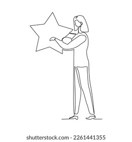 Continuous single one line drawing art of business woman holding star. Vector illustration concept of reward achievement, success, career goal, dream.