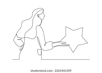 Continuous single one line drawing art of business woman holding star. Vector illustration concept of reward achievement, success, career goal, dream.