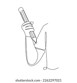 Dibujo continuo de una sola línea de mano sosteniendo un lápiz grande. Concepto de ilustración vectorial de contrato comercial, educación, secretaria, escritura