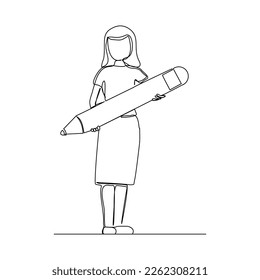 Continuous single one line drawing art business woman holding big pencil. Vector illustration concept of business big deal, office secretary, education, writer