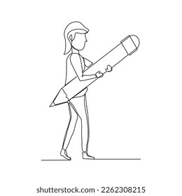 Continuous single one line drawing art business woman holding big pencil. Vector illustration concept of business big deal, office secretary, education, writer