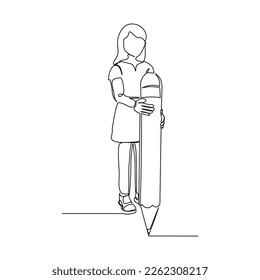 Continuous single one line drawing art business woman holding big pencil. Vector illustration concept of business big deal, office secretary, education, writer