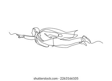 Continuous single one line drawing of flying business super hero man. Vector illustration concept of power employee, success achievement, business hero leader.