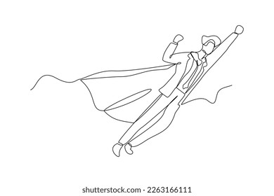 Continuous single one line drawing of flying business super hero man. Vector illustration concept of power employee, success achievement, business hero leader.