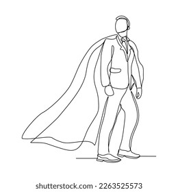 Continuous single one line drawing of standing business super hero man. Vector illustration concept of power employee, success achievement, business hero leader.