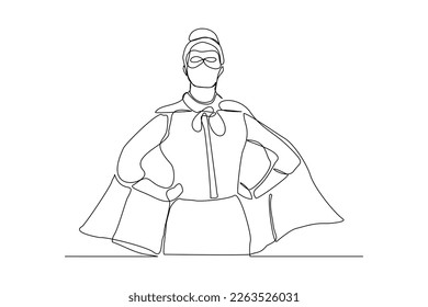 Continuous single one line drawing of standing business super hero woman. Vector illustration concept of power employee, success achievement, business hero leader.