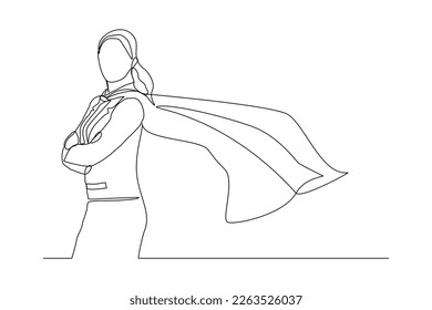 Continuous single one line drawing standing business super hero woman  Vector illustration concept power employee  success achievement  business hero leader 
