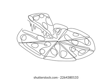 Continuous single one line drawing art of delicious whole cheese pizza. Vector illustration of restaurant menu fast food.