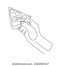 Continuous single one line drawing art of delicious hand holding sliced cheese pizza. Vector illustration of restaurant menu fast food.