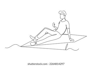 Continuous single one line drawing of businessman ride paper plane to reach business achievement growth goal successful. Vector illustration sketch art concept