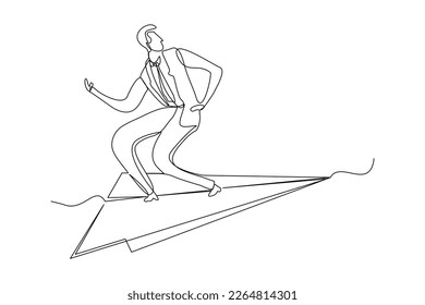 Continuous single one line drawing of businessman ride paper plane to reach business achievement growth goal successful. Vector illustration sketch art concept