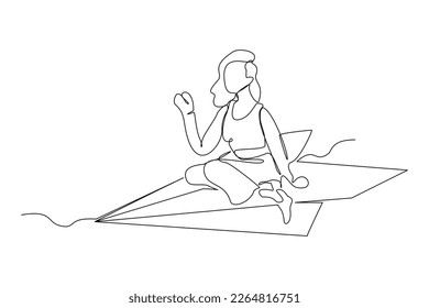 Continuous single one line drawing of business woman ride paper plane to reach business achievement growth goal successful. Vector illustration sketch art concept