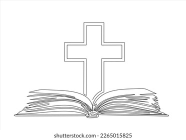 Continuous single one line drawing of open book and cross.Bible, christianity. Illustration with quote template. One line vector illustration. Order a banner for one line drawing.