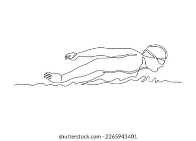 Continuous single one line drawing of professional man swimming athlete training in the pool. Vector illustration of sport healthy lifestyle
