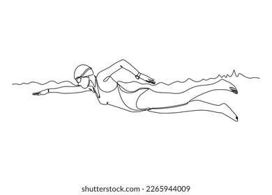 Continuous single one line drawing of professional woman swimming athlete training in the pool. Vector illustration of sport healthy lifestyle