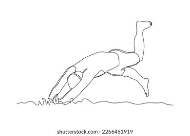 Continuous single one line drawing art of swimming athlete man jumping to start swim competition. Vector illustration of healthy sport lifestyle