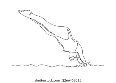 Continuous single one line drawing art of swimming athlete woman jumping to start swim competition. Vector illustration of healthy sport lifestyle