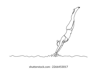 Continuous single one line drawing art of swimming athlete woman jumping to start swim competition. Vector illustration of healthy sport lifestyle