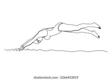 Arte continuo de dibujo de una sola línea de una mujer atleta nadando para empezar la competencia de natación. Ilustración vectorial del estilo de vida deportivo saludable