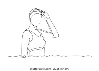 Continuous single one line drawing art of swimming athlete woman portrait close up. Vector illustration of healthy sport lifestyle