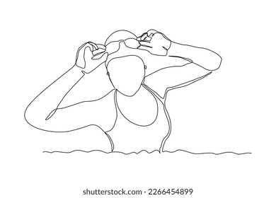 Continuous single one line drawing art of swimming athlete woman portrait close up. Vector illustration of healthy sport lifestyle