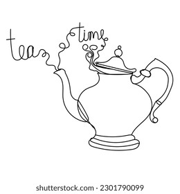 Continuous single one line drawing teapot with text tea time hand drawn drawing silhouette line art doodle. Vector illustration