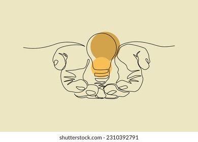 Continuous single one line drawing art of open palm hand holding idea bulb vector illustration