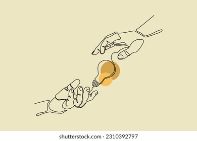 Continuous single one line drawing art of open palm hand holding idea bulb vector illustration