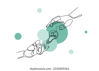 Kontinuierliche einzeilige Zeichenkunst aus offenen Handflächen mit Glühbirne und Pflanzensamen, Vektorgrafik. Konzept der Idee und des Wachstums anzeigen