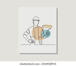 Continuous single one line drawing vector design illustration of construction worker painting, carrying paint roll and paint bucket