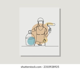 Continuous single one line drawing vector design illustration of construction worker painting, carrying paint roll and paint bucket
