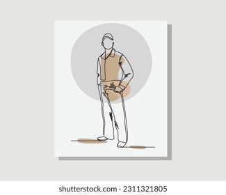 Continuous single one line drawing art of mechanic man holding mechanic tools wearing uniform and helmet