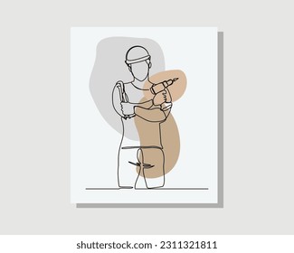 Continuous single one line drawing art of mechanic man holding mechanic tools wearing uniform and helmet