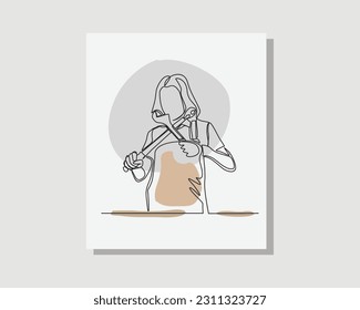  Durchgängige einzeilige Zeichenkunst der Mechanikerin, die Mechanikwerkzeuge mit Uniform und Helm hält
