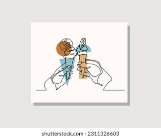 Continuous single one line drawing art of hand holding delicious ice cream cone vector illustration