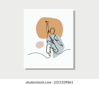 Continuous single one line drawing art of happy little boy jump and cheers show freedom and happiness vector illustration