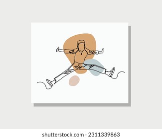 Continuous single one line drawing art of happy little boy jump and cheers show freedom and happiness vector illustration