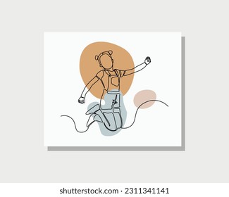 Continuous single one line drawing art of happy little girl jump and cheers show freedom and happiness vector illustration