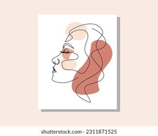 Continuous single one line drawing of beautiful woman face portrait boho style vector illustration