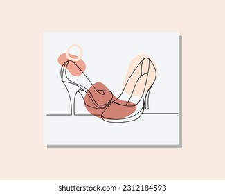 continuous single one line drawing vector design illustration of a woman high heels shoe boho style art