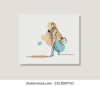 continuous single one line drawing vector design illustration of a business woman walk and hold briefcase wearing formal suit in boho style design