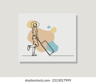 dibujo continuo de una línea de una sola línea vectorial ilustración de una mujer viajera caminar y llevar maleta usando traje casual en diseño estilo boho