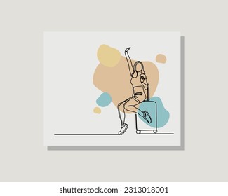 continuous single one line drawing vector design illustration of a traveler woman walk and hold suitcase wearing casual suit in boho style design